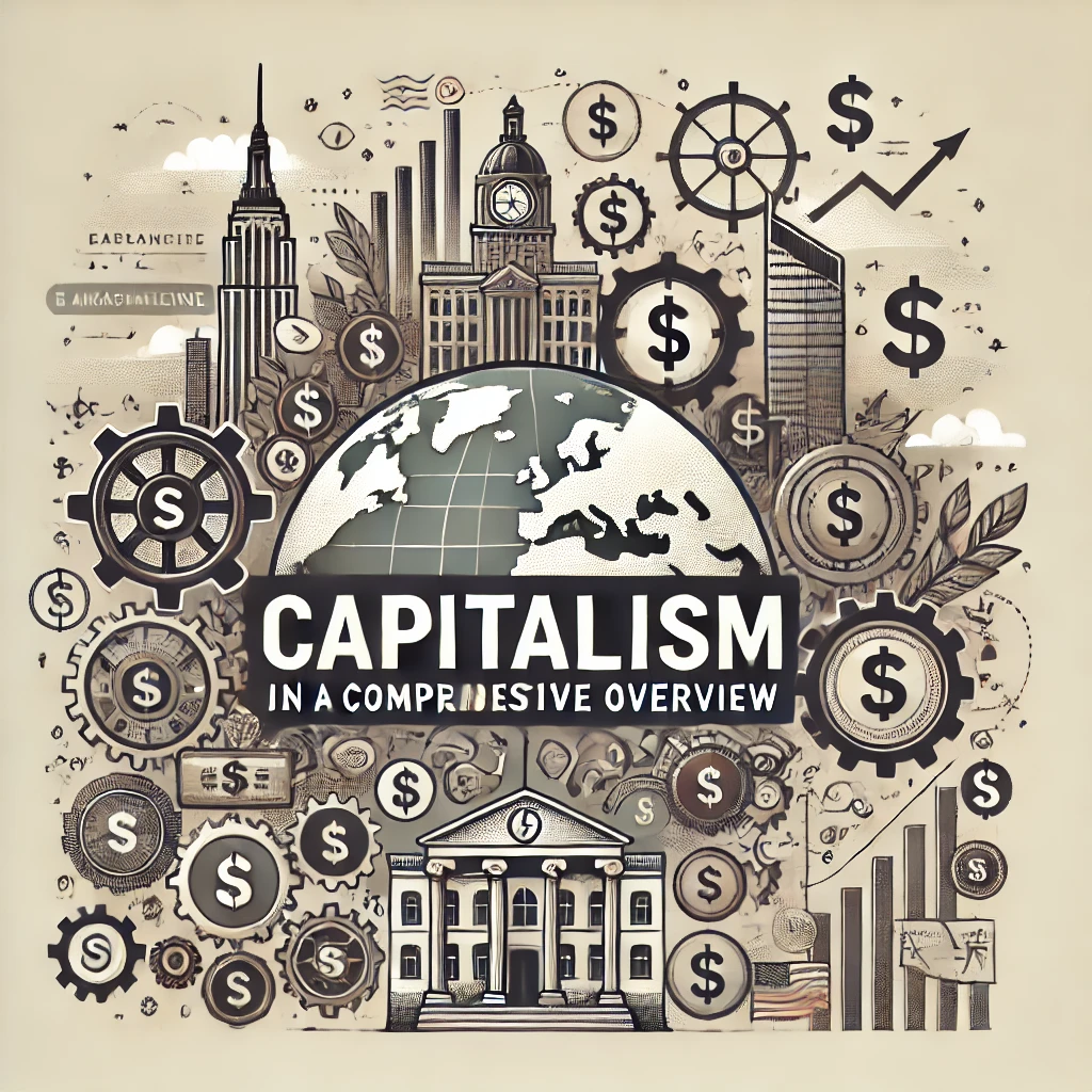 The image features symbols of capitalism including a globe, gears, dollar signs, and a cityscape. The title is displayed in clear, professional typography against a clean and modern design, reflecting the informative and educational nature of the content