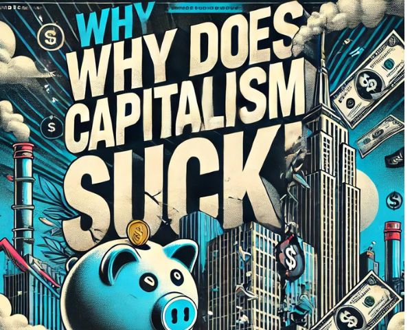 The image features a crumbling skyscraper with money falling from the sky and a cracked piggy bank. The title is prominently displayed in large, bold text, set against a backdrop of contrasting colors to convey a critical and thought-provoking tone."