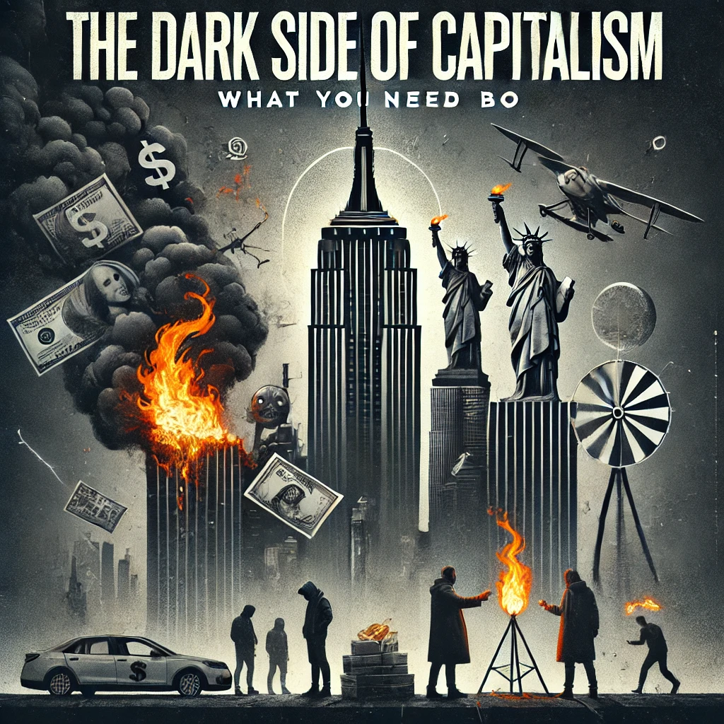 The image features shadowed skyscrapers, burning money, and people in distress. The title is displayed in bold, dramatic typography against a dark and intense design, reflecting the critical and revealing nature of the content.