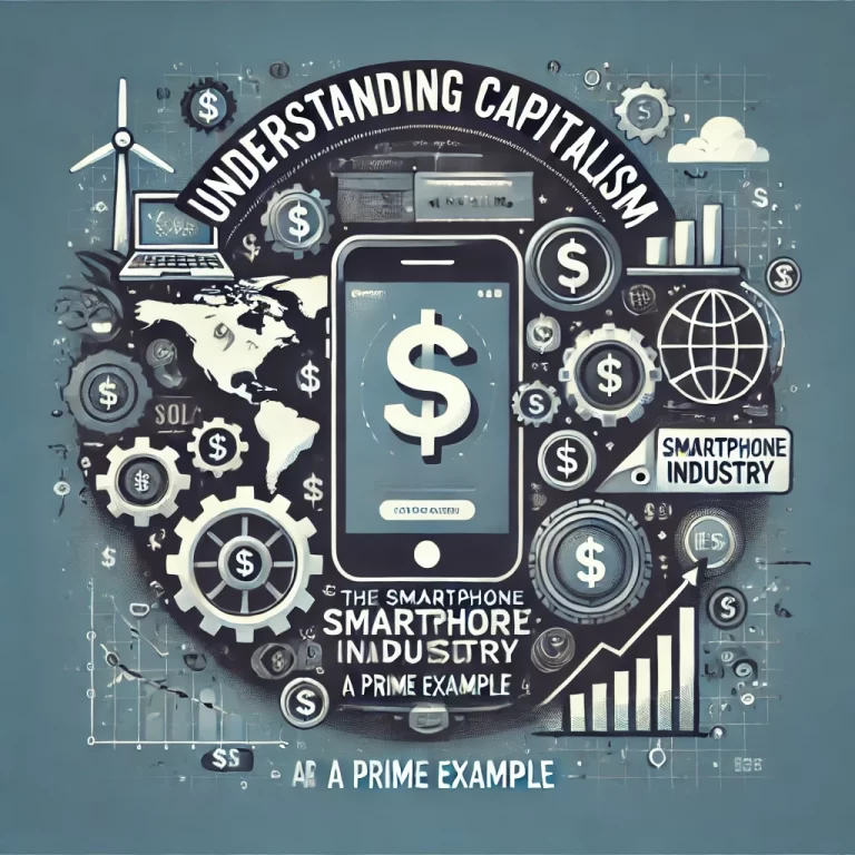 Understanding Capitalism: The Smartphone Industry as a Prime Example.’ The image features elements such as smartphones, dollar signs, gears, and a world map. The title is displayed in clear, professional typography against a sleek, tech-focused design, reflecting the comprehensive and educational nature of the content.