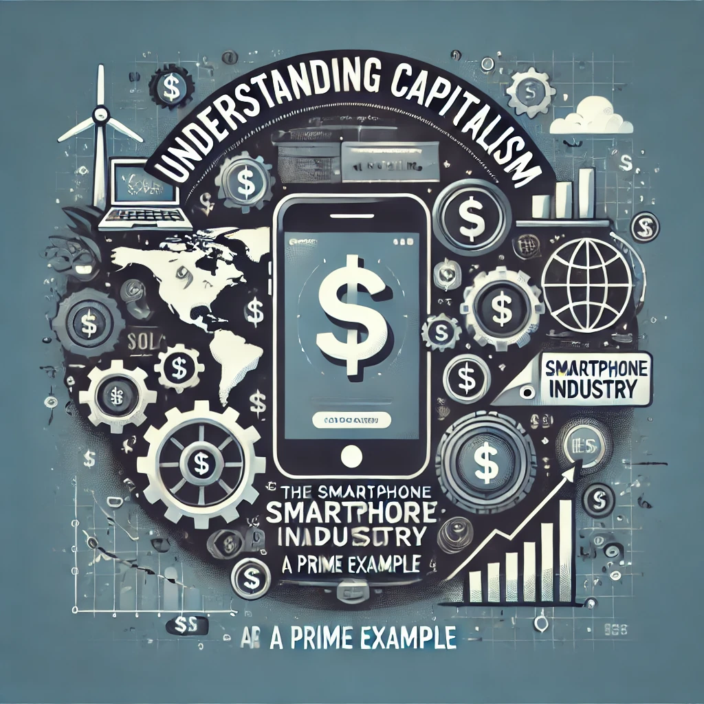 Understanding Capitalism: The Smartphone Industry as a Prime Example.’ The image features elements such as smartphones, dollar signs, gears, and a world map. The title is displayed in clear, professional typography against a sleek, tech-focused design, reflecting the comprehensive and educational nature of the content.