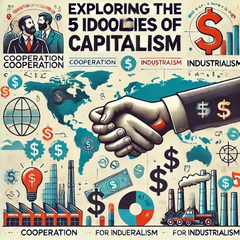 The image features a world map, icons representing different ideologies such as a handshake for cooperation and a factory for industrialism, dollar signs, and a city skyline. The title is displayed in bold, clear typography against a modern and thought-provoking design, reflecting the comprehensive and analytical nature of the content.”