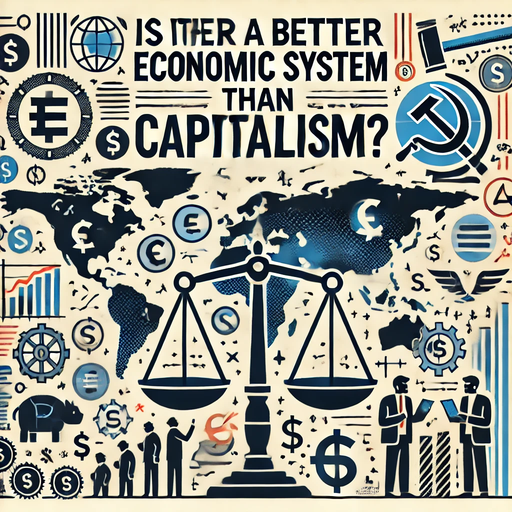 The image features a world map, scales of justice, symbols of various economic systems (like a hammer and sickle, bartering icons), and people debating or collaborating. The title is displayed in bold, clear typography against a modern and inquisitive design, reflecting the comprehensive and critical nature of the content.”