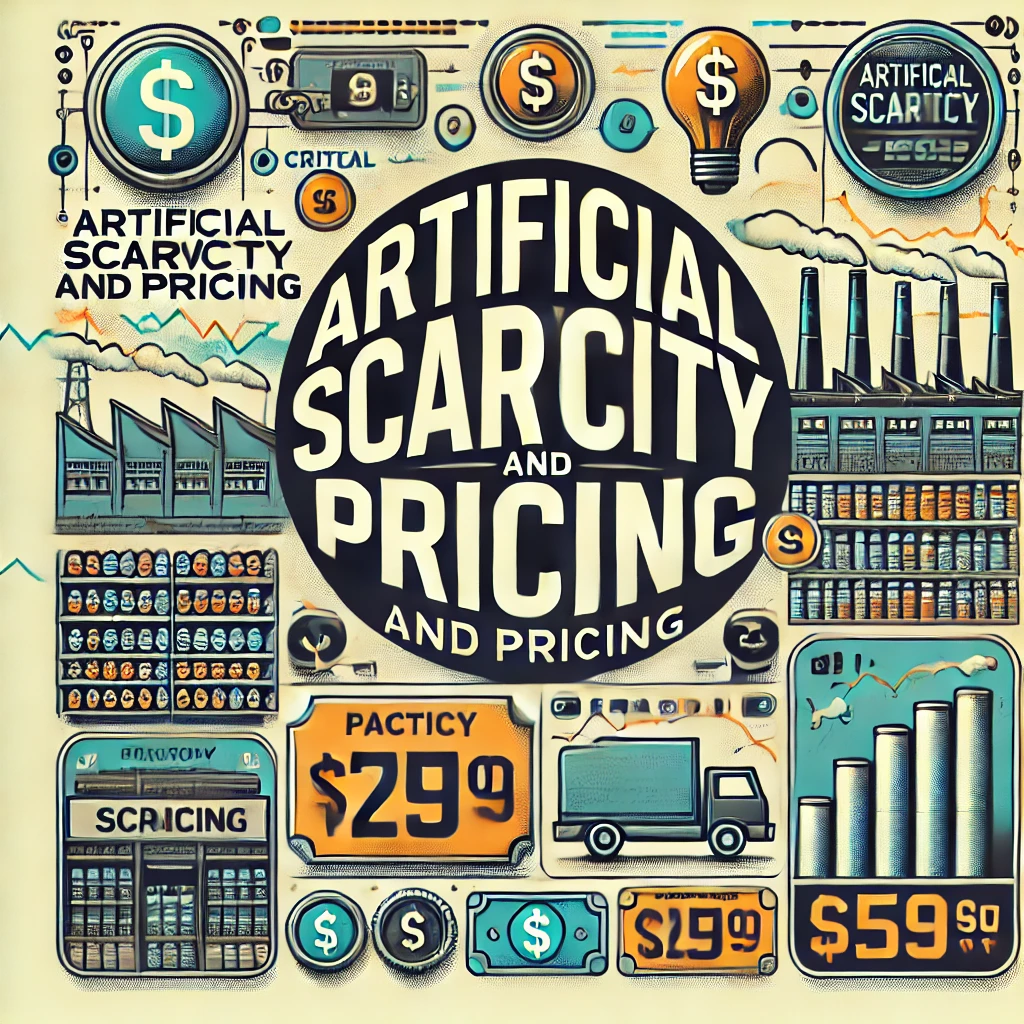 Header image for a section titled ‘Artificial Scarcity and Pricing.’ The image features empty shelves, price tags with inflated prices, a factory with limited products, and dollar signs. The title is displayed in clear, bold typography against a modern and visually striking design, reflecting the critical and comprehensive nature of the content.