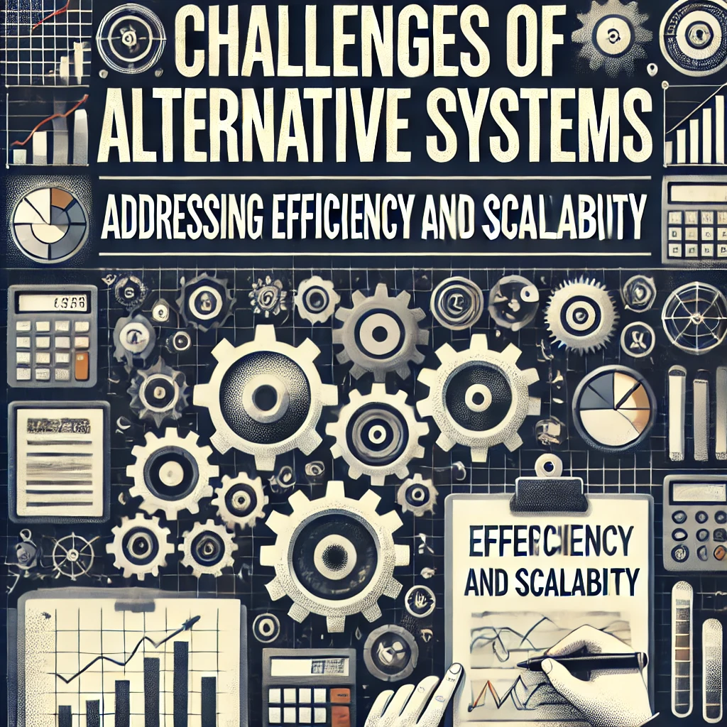 Header image for a section titled ‘Challenges of Alternative Systems: Addressing Efficiency and Scalability.’ The image features gears representing efficiency, graphs showing scalability, and icons representing different economic systems. The title is displayed in clear, bold typography against a modern and visually engaging design, reflecting the challenges and analytical nature of the content.