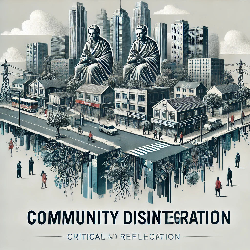 Header image for a section titled ‘Community Disintegration.’ The image features fragmented communities, broken connections, empty streets, and people isolated from each other. The title is displayed in clear, bold typography against a modern and visually engaging design, reflecting the serious and comprehensive nature of the content