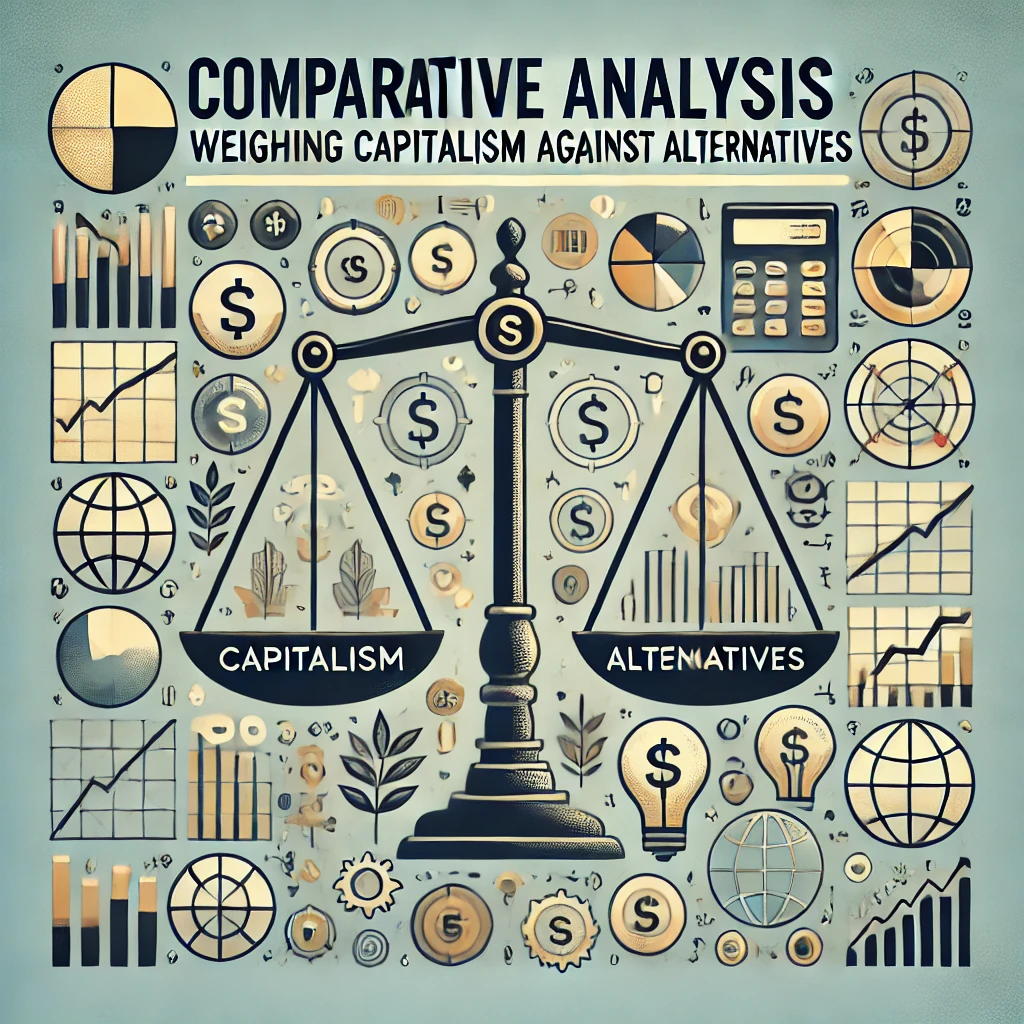 Header image for a section titled ‘Comparative Analysis: Weighing Capitalism Against Alternatives.’ The image features scales balancing different economic systems, icons representing capitalism and various alternatives, a globe, and graphs. The title is displayed in clear, bold typography against a modern and visually engaging design, reflecting the comparative and analytical nature of the content.