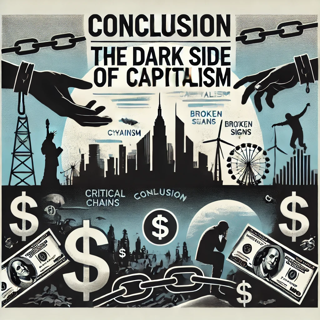 Header image for a section titled ‘Conclusion: The Dark Side of Capitalism.’ The image features shadowed city skylines, broken chains, dollar signs, and distressed people. The title is displayed in clear, bold typography against a modern and thought-provoking design, reflecting the critical and comprehensive nature of the content.