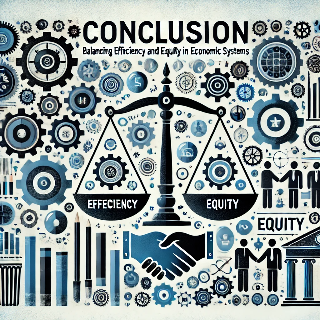 Header image for a section titled ‘Conclusion: Balancing Efficiency and Equity in Economic Systems.’ The image features scales representing balance, gears symbolizing efficiency, and icons for equity such as handshakes or people. The title is displayed in clear, bold typography against a modern and visually engaging design, reflecting the balanced and analytical nature of the content