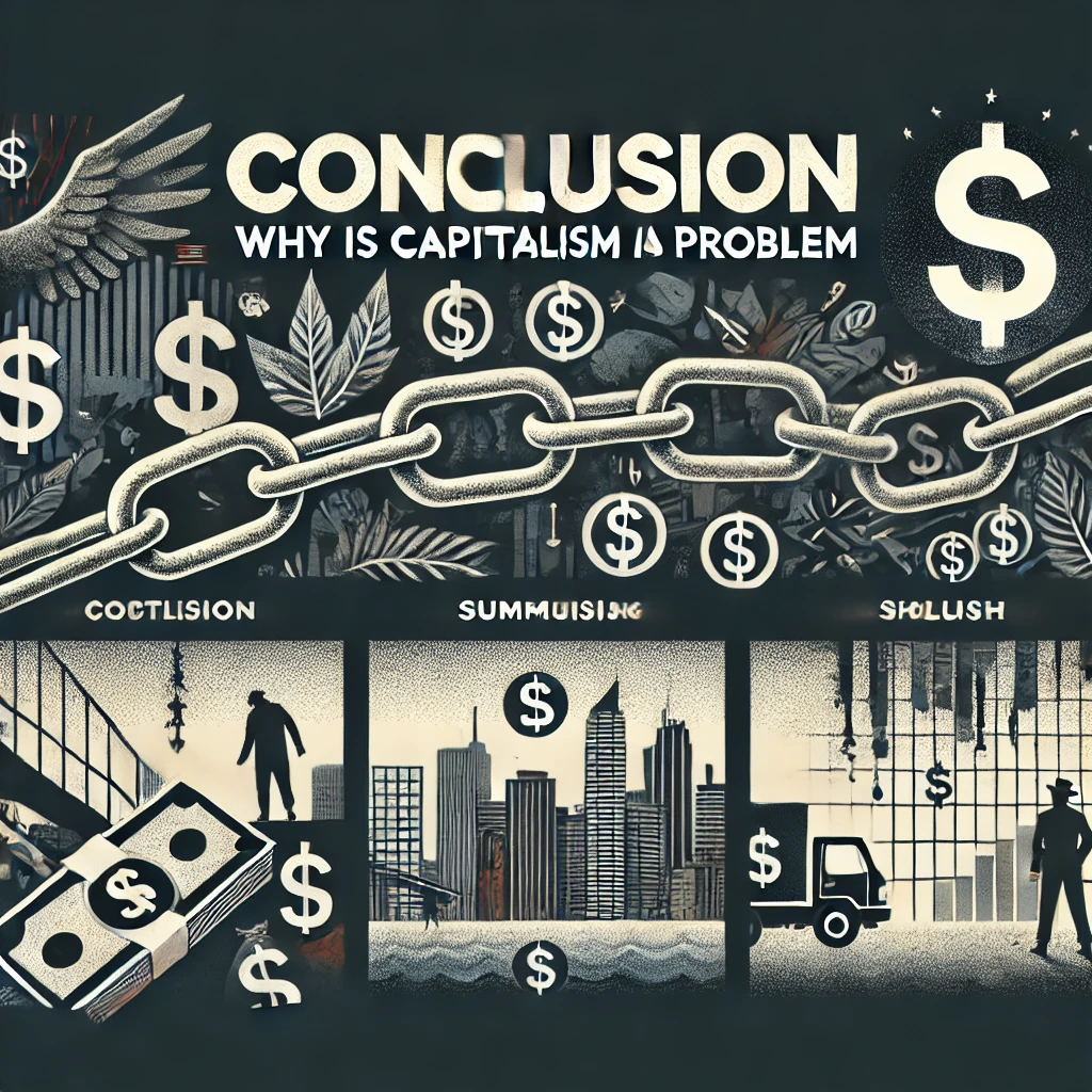 “Header image for a section titled ‘Conclusion: Why is Capitalism a Problem.’ The image features broken chains, dollar signs, a city skyline in shadows, and people in distress. The title is displayed in clear, bold typography against a modern and thought-provoking design, reflecting the critical and comprehensive nature of the content