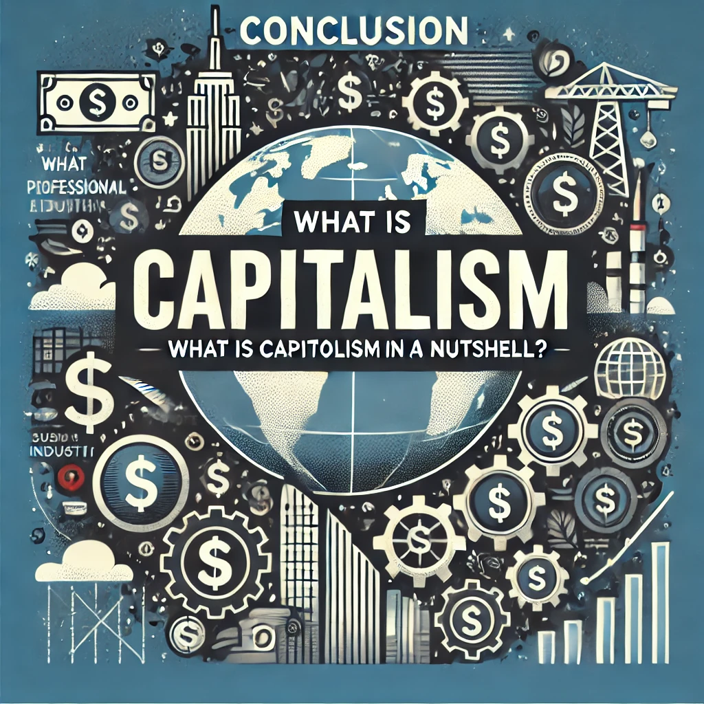 Header image for a blog article titled ‘Conclusion: What is Capitalism in a Nutshell?’ The image features a globe, dollar signs, a city skyline, and gears representing industry. The title is displayed in clear, professional typography against a modern and visually appealing design, reflecting the summarizing and educational nature of the content.