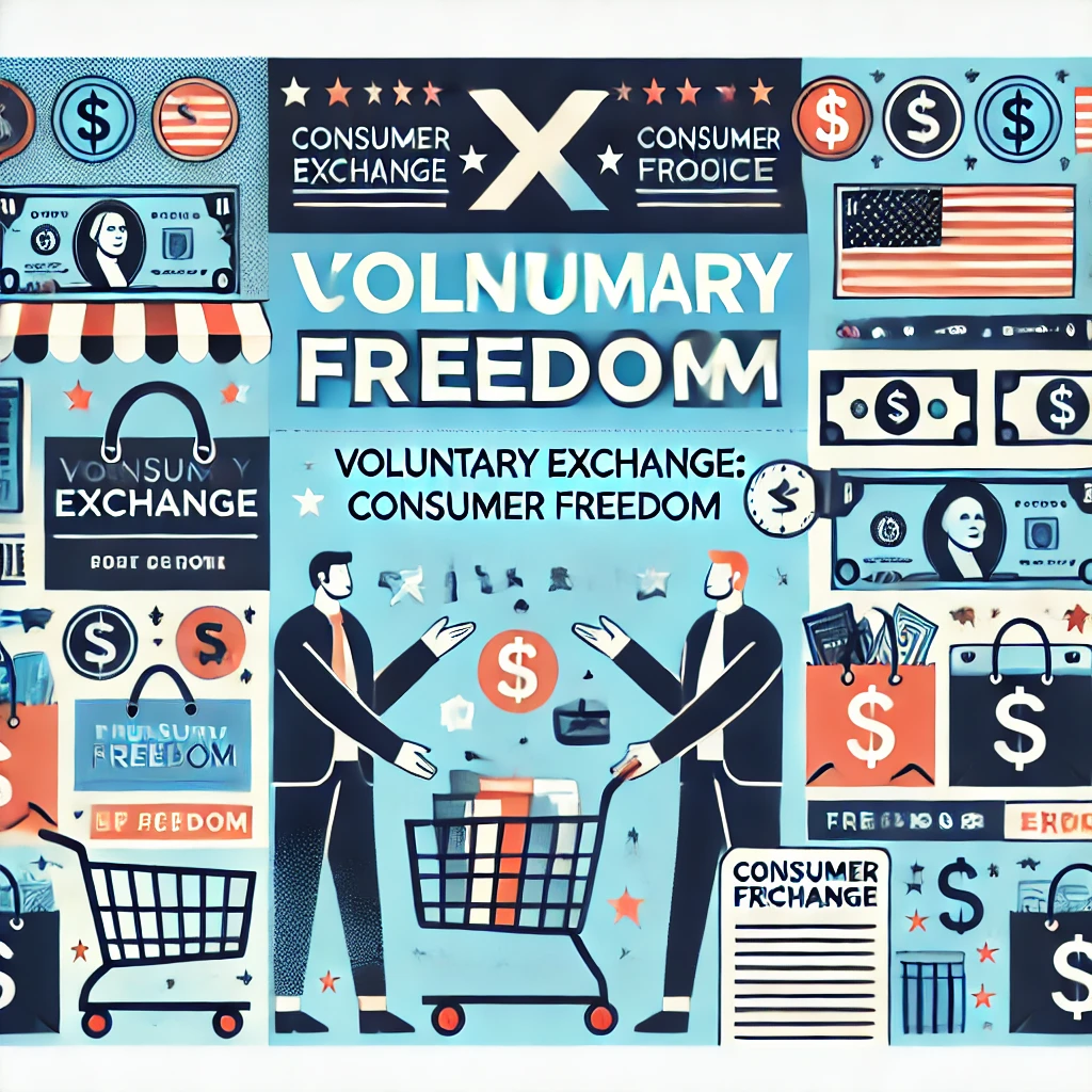  The image features people exchanging goods, shopping carts, dollar signs, and icons representing freedom and choice. The title is displayed in clear, bold typography against a modern and visually appealing design, reflecting the consumer-centric and economic aspects of the content.