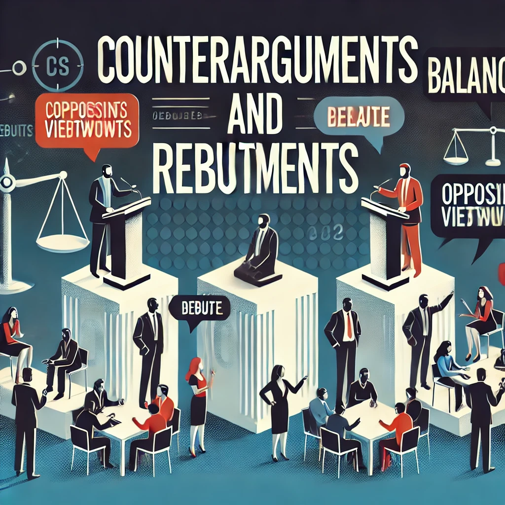 Header image for a section titled ‘Counterarguments and Rebuttals.’ The image features debate podiums, speech bubbles with opposing viewpoints, scales representing balance, and people engaged in discussion. The title is displayed in clear, bold typography against a modern and visually engaging design, reflecting the critical and analytical nature of the content.