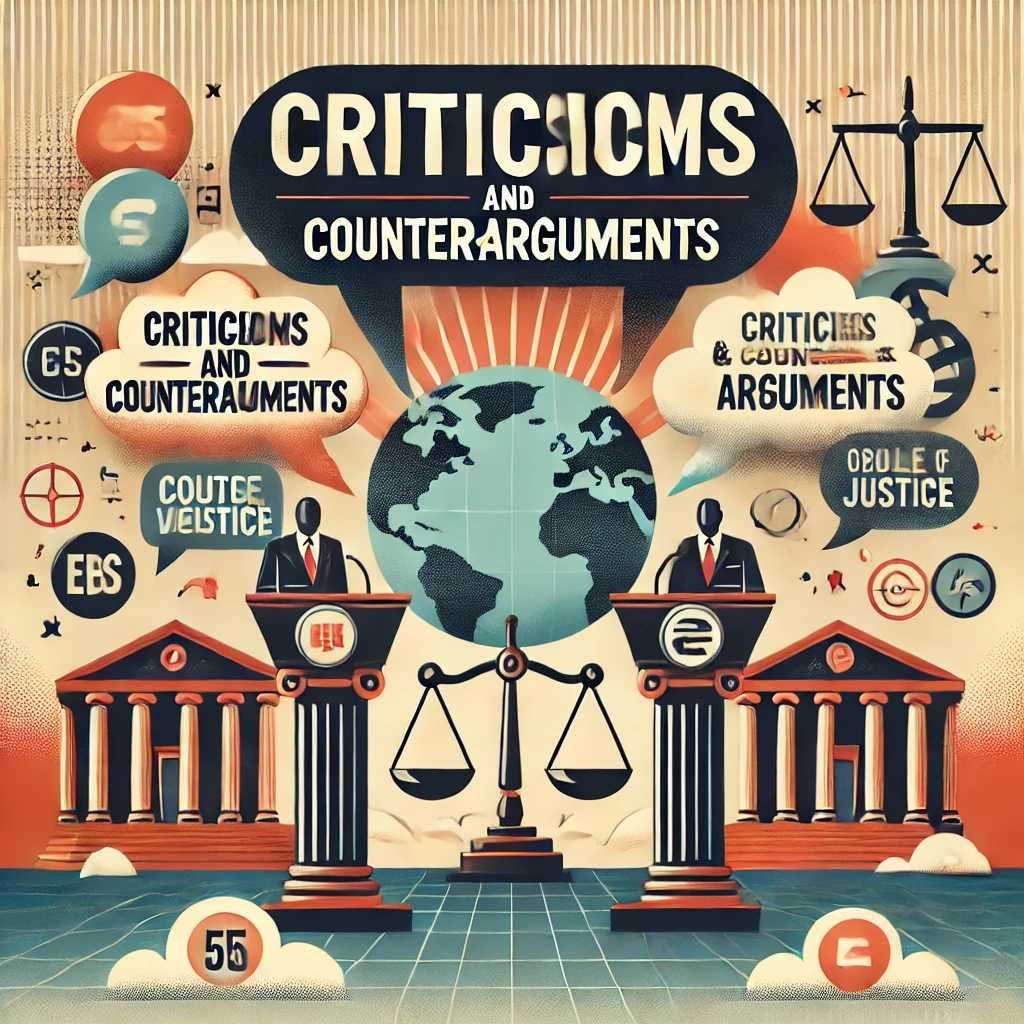 The image features a debate podium, speech bubbles with opposing viewpoints, scales of justice, and a globe. The title is displayed in clear, bold typography against a modern and visually engaging design, reflecting the analytical and argumentative nature of the content.