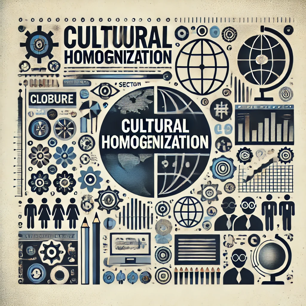 Header image for a section titled ‘Cultural Homogenization.’ The image features a globe, uniform icons representing different cultures, symbols of globalization, and people blending into a single culture. The title is displayed in clear, bold typography against a modern and visually engaging design, reflecting the comprehensive and critical nature of the content.