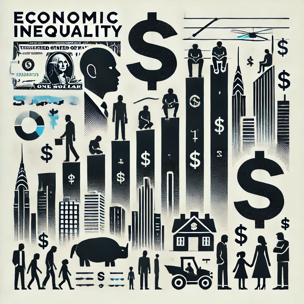 Header image for a section titled ‘Economic Inequality.’ The image features a divided bar graph, dollar signs, silhouettes of wealthy and poor individuals, and a city skyline with stark contrasts. The title is displayed in clear, bold typography against a modern and thought-provoking design, reflecting the critical and comprehensive nature of the content