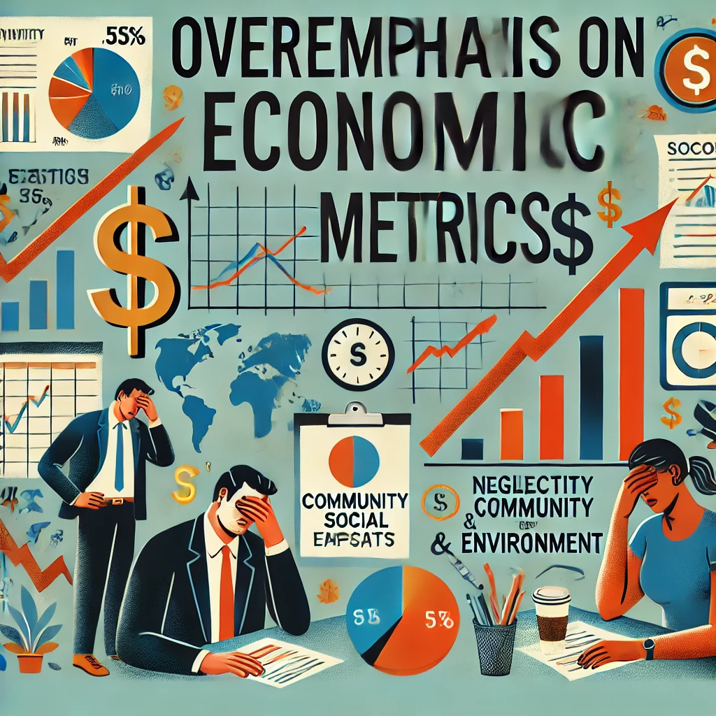 Header image for a section titled ‘Overemphasis on Economic Metrics.’ The image features graphs and charts dominating the scene, dollar signs, stressed business people, and neglected social aspects like community and environment symbols. The title is displayed in clear, bold typography against a modern and visually engaging design, reflecting the critical and comprehensive nature of the content.