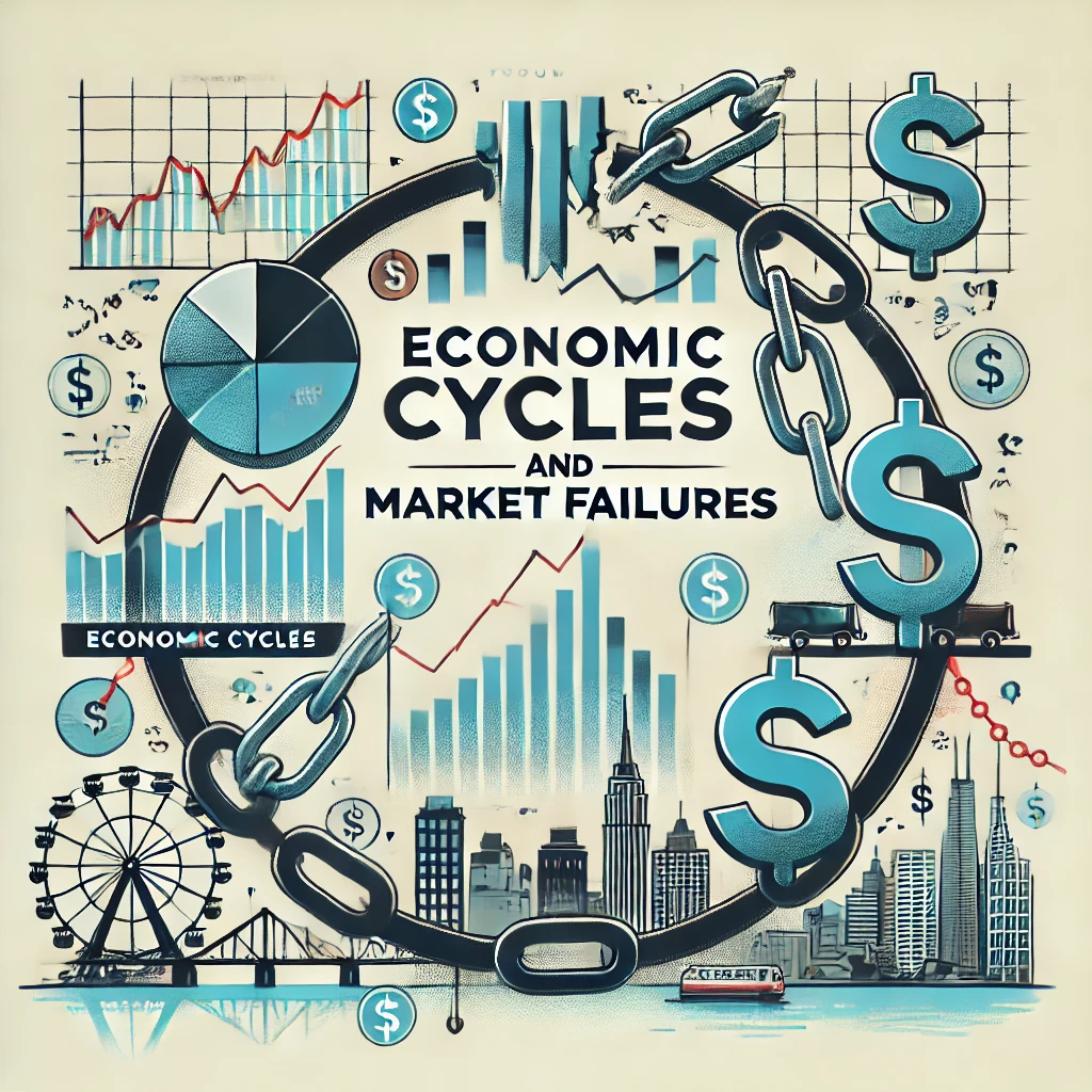 The image features graphs showing economic cycles, broken chains representing market failures, dollar signs, and a city skyline. The title is displayed in clear, bold typography against a modern and visually engaging design, reflecting the economic and educational aspects of the content.