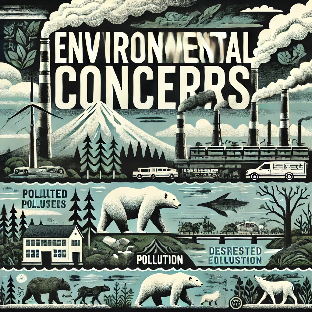 Header image for a section titled ‘Environmental Concerns.’ The image features polluted landscapes, smokestacks emitting pollution, deforested areas, and distressed wildlife. The title is displayed in clear, bold typography against a modern and visually striking design, reflecting the serious and comprehensive nature of the content.