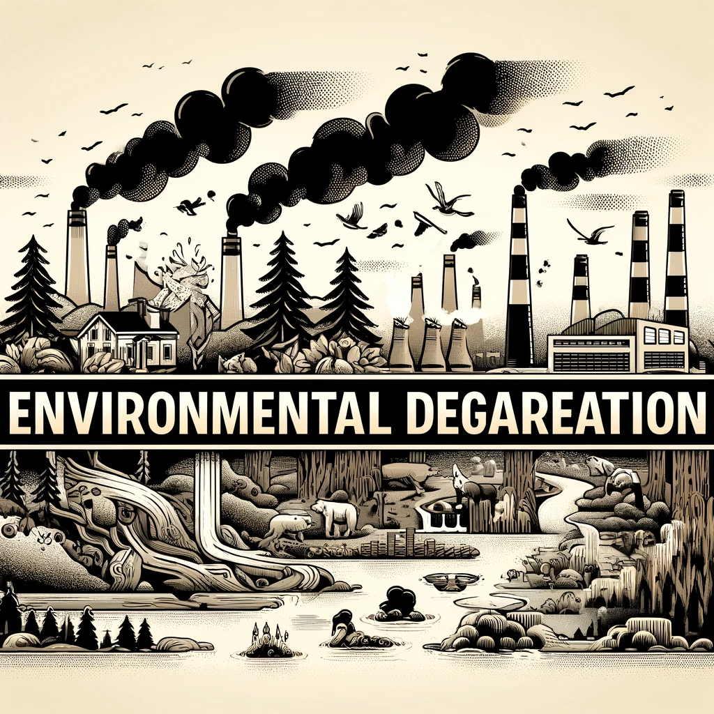 Header image for a section titled ‘Environmental Degradation.’ The image features polluted landscapes, smokestacks emitting pollution, deforested areas, and distressed wildlife. The title is displayed in clear, bold typography against a modern and visually striking design, reflecting the serious and comprehensive nature of the content.