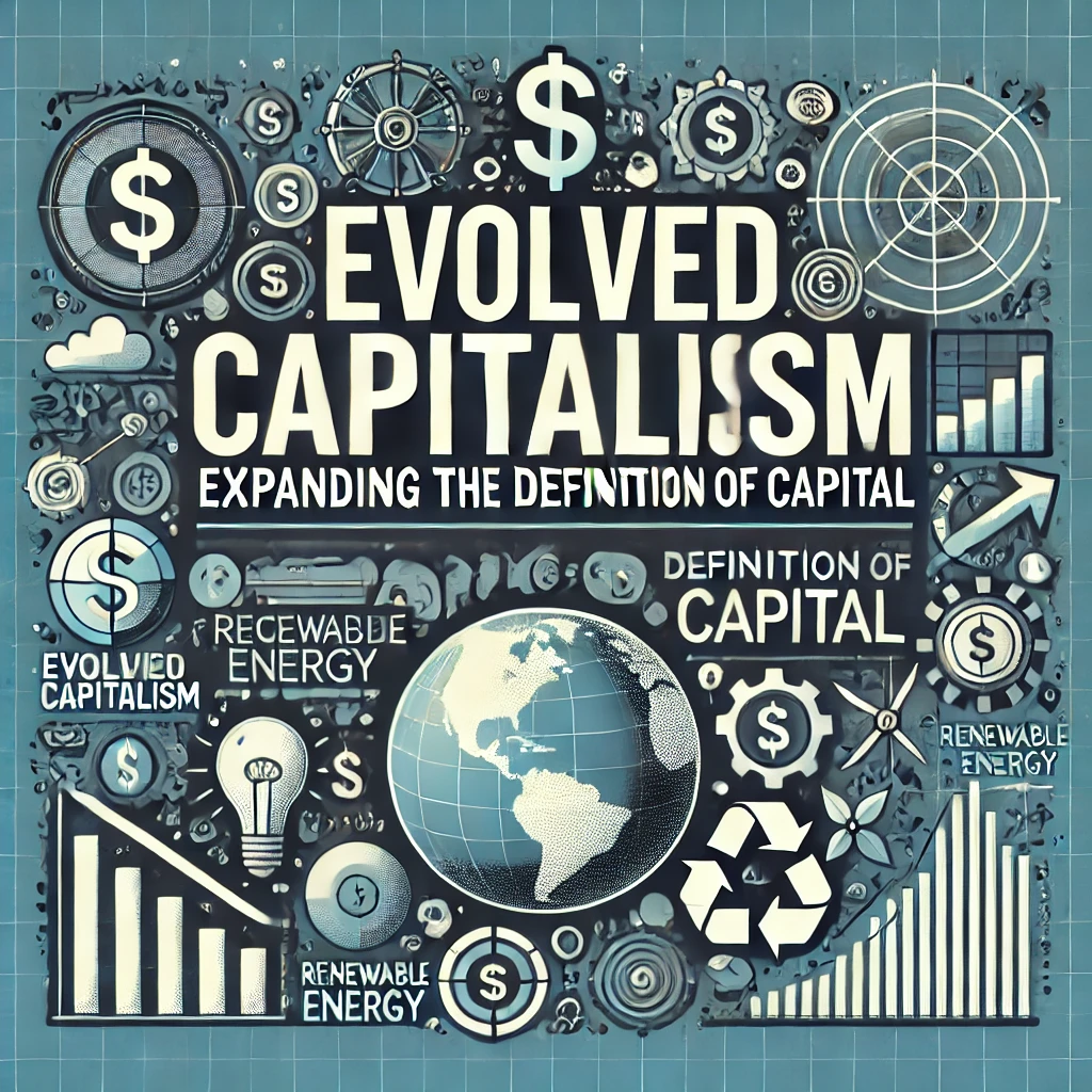 “Header image for a section titled ‘Evolved Capitalism: Expanding the Definition of Capital.’ The image features dollar signs, technological icons, renewable energy symbols, and a globe. The title is displayed in clear, bold typography against a modern and visually engaging design, reflecting the evolving and expanding nature of capitalism.