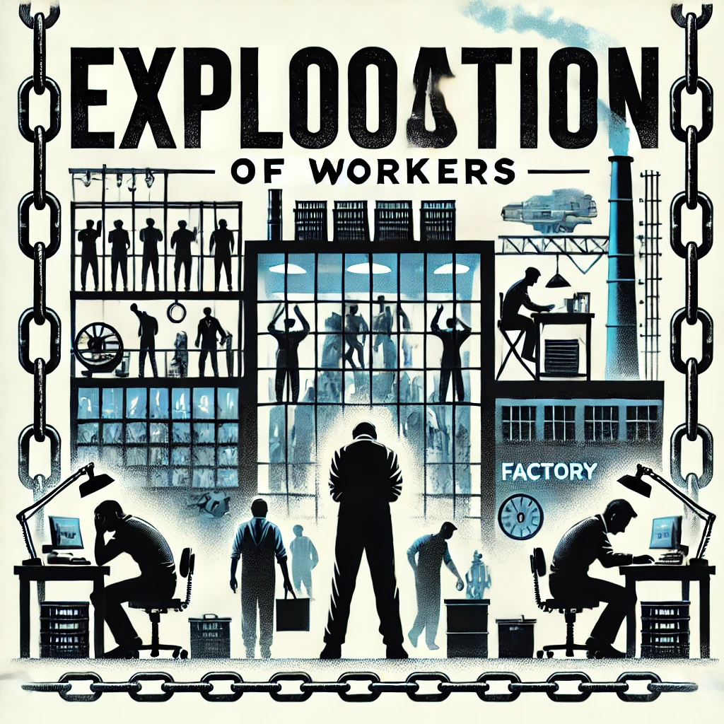 Header image for a section titled ‘Exploitation of Workers.’ The image features silhouettes of overworked individuals, broken chains, factory settings, and people isolated in cubicles. The title is displayed in clear, bold typography against a modern and thought-provoking design, reflecting the serious and comprehensive nature of the content.