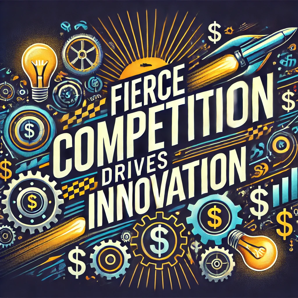 Header image for a blog article titled ‘Fierce Competition Drives Innovation.’ The image features racing arrows, light bulbs representing innovation, gears, and dollar signs. The title is displayed in clear, bold typography against a modern and visually striking design, reflecting the competitive and innovative nature of the content.