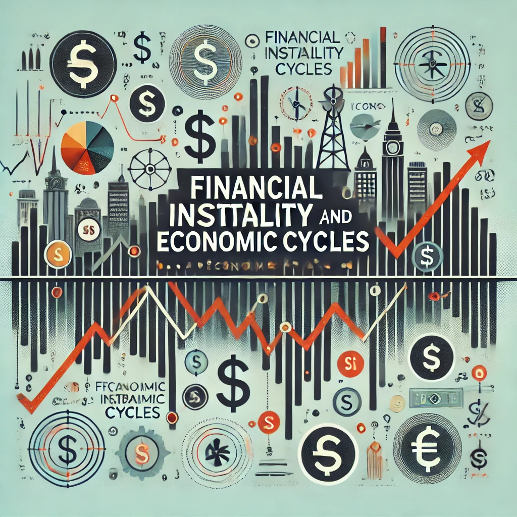 Header image for a section titled ‘Financial Instability and Economic Cycles.’ The image features fluctuating graphs, dollar signs, a city skyline in turmoil, and icons representing different phases of economic cycles. The title is displayed in clear, bold typography against a modern and visually engaging design, reflecting the comprehensive and critical nature of the content.