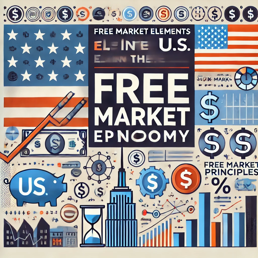 Header image for a blog article titled ‘Free Market Elements in the U.S. Economy.’ The image features the US flag, stock market graphs, dollar signs, a city skyline, and symbols representing free market principles. The title is displayed in clear, professional typography against a modern and engaging design, reflecting the educational nature of the content