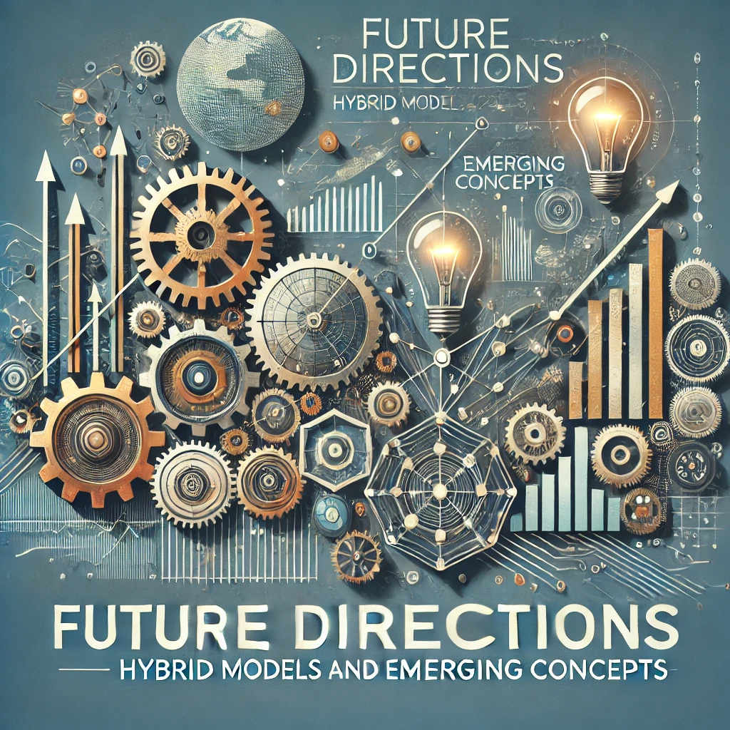 Header image for a section titled ‘Future Directions: Hybrid Models and Emerging Concepts.’ The image features interconnected gears, light bulbs representing new ideas, a globe, and graphs showing upward trends. The title is displayed in clear, bold typography against a modern and visually engaging design, reflecting the future-oriented and innovative nature of the content