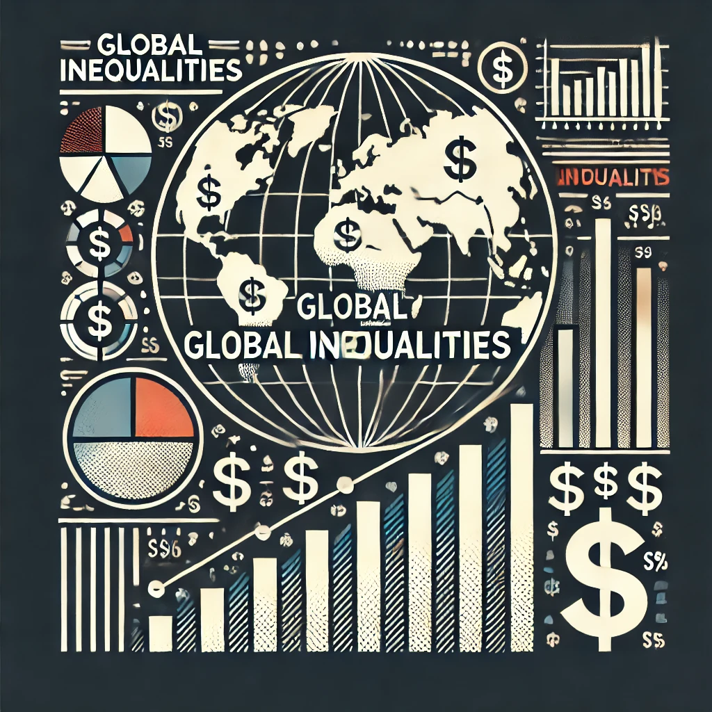 Header image for a section titled ‘Global Inequalities.’ The image features a world map, divided bar graphs, dollar signs, and silhouettes representing wealth disparity. The title is displayed in clear, bold typography against a modern and visually engaging design, reflecting the comprehensive and critical nature of the content.