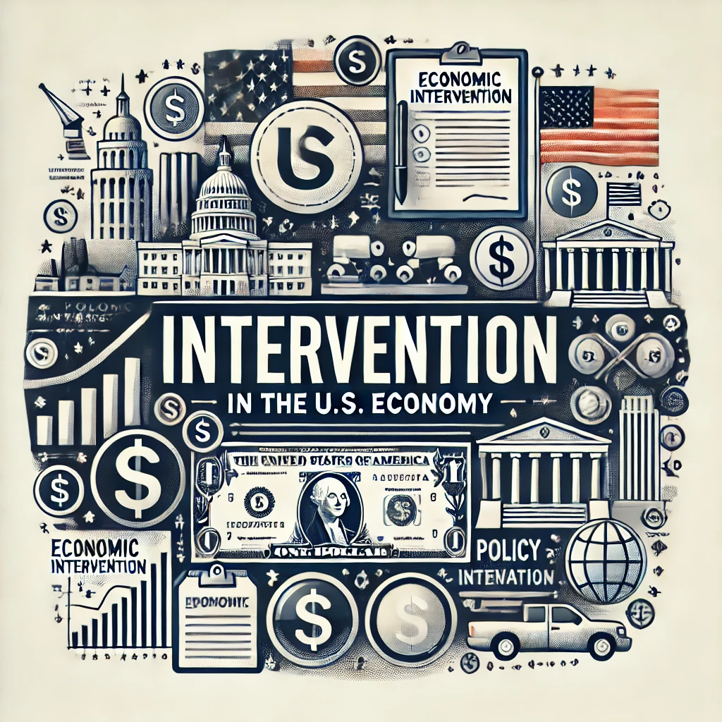 Header image for a blog article titled ‘Intervention in the U.S. Economy.’ The image features the US flag, government buildings, dollar signs, a city skyline, and symbols representing economic intervention like policy documents and regulatory icons. The title is displayed in clear, professional typography against a modern and engaging design, reflecting the educational nature of the content