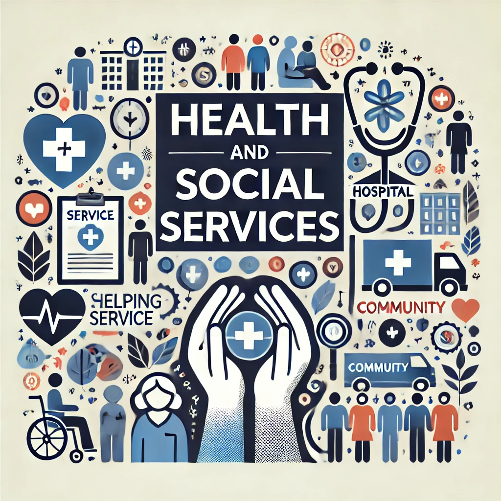 Header image for a section titled ‘Health and Social Services.’ The image features healthcare icons like a stethoscope and hospital, social service symbols like helping hands and community, and people receiving care. The title is displayed in clear, bold typography against a modern and visually engaging design, reflecting the comprehensive and supportive nature of the content.