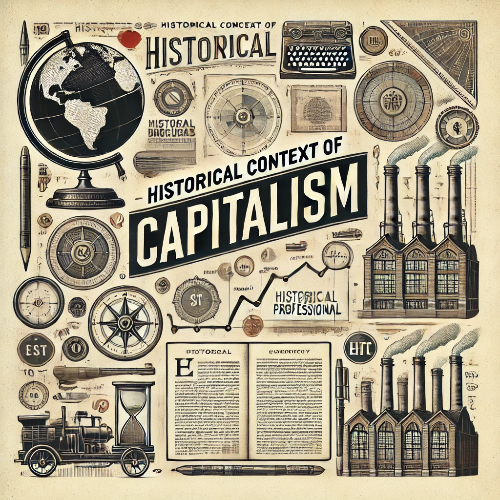 Header image for a blog article titled ‘Historical Context of Capitalism.’ The image features a timeline, historical documents, a globe, and old industrial factories. The title is displayed in clear, professional typography against a vintage and scholarly design, reflecting the historical and educational nature of the content.”