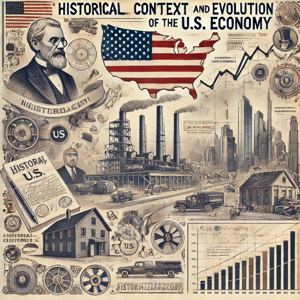 Header image for a blog article titled ‘Historical Context and Evolution of the U.S. Economy.’ The image features a timeline, historical documents, the US flag, and old industrial factories evolving into modern skyscrapers. The title is displayed in clear, professional typography against a vintage yet modern design, reflecting the historical and educational nature of the content