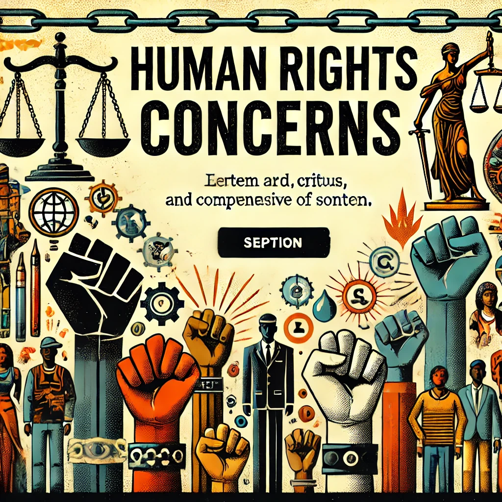 Header image for a section titled ‘Human Rights Concerns.’ The image features broken chains, raised fists, symbols of justice like scales, and diverse people standing together. The title is displayed in clear, bold typography against a modern and visually engaging design, reflecting the serious and comprehensive nature of the content.