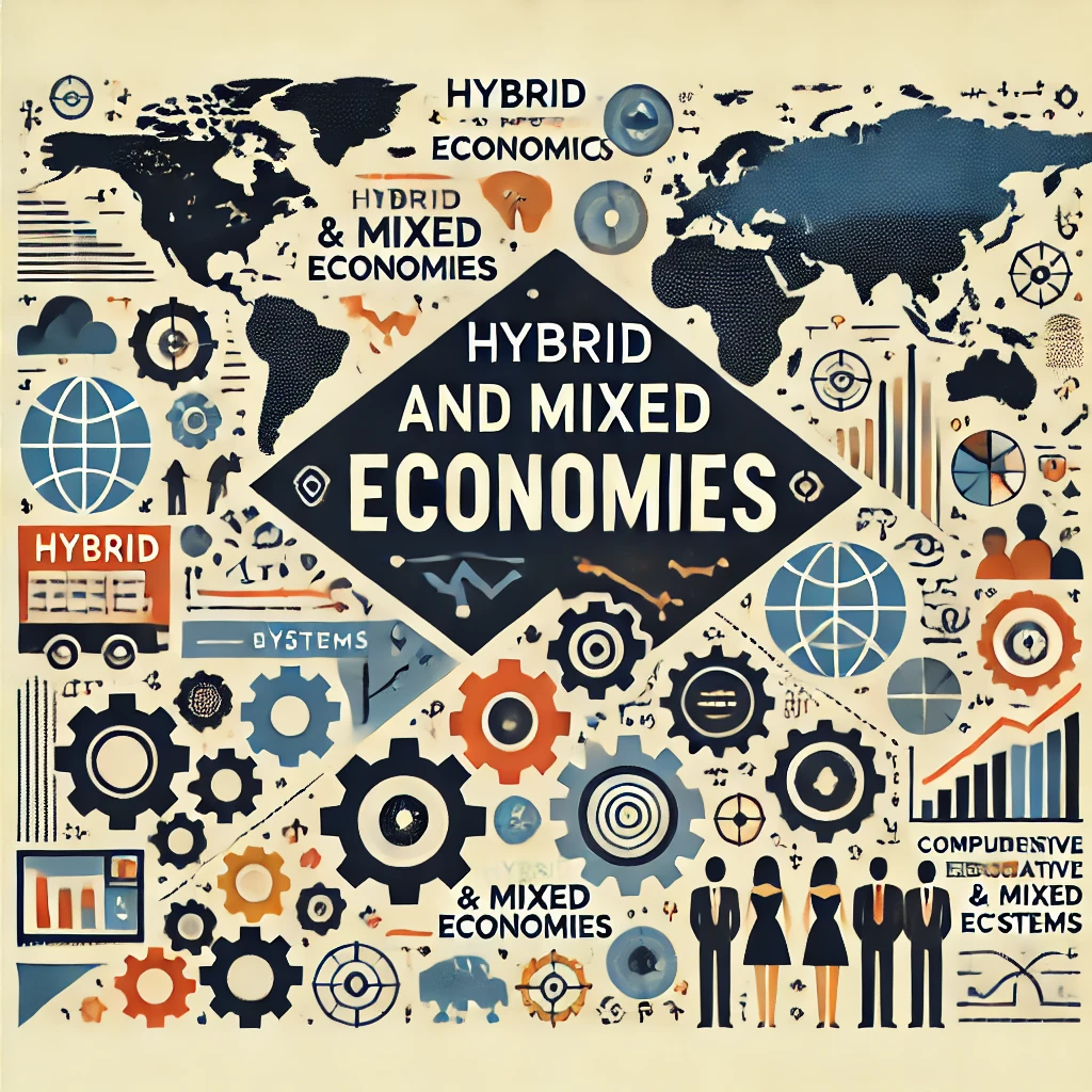 Header image for a section titled ‘Hybrid and Mixed Economies.’ The image features a world map, icons representing different economic systems, gears symbolizing integration, and people collaborating. The title is displayed in clear, bold typography against a modern and visually engaging design, reflecting the comprehensive and educational nature of the content.