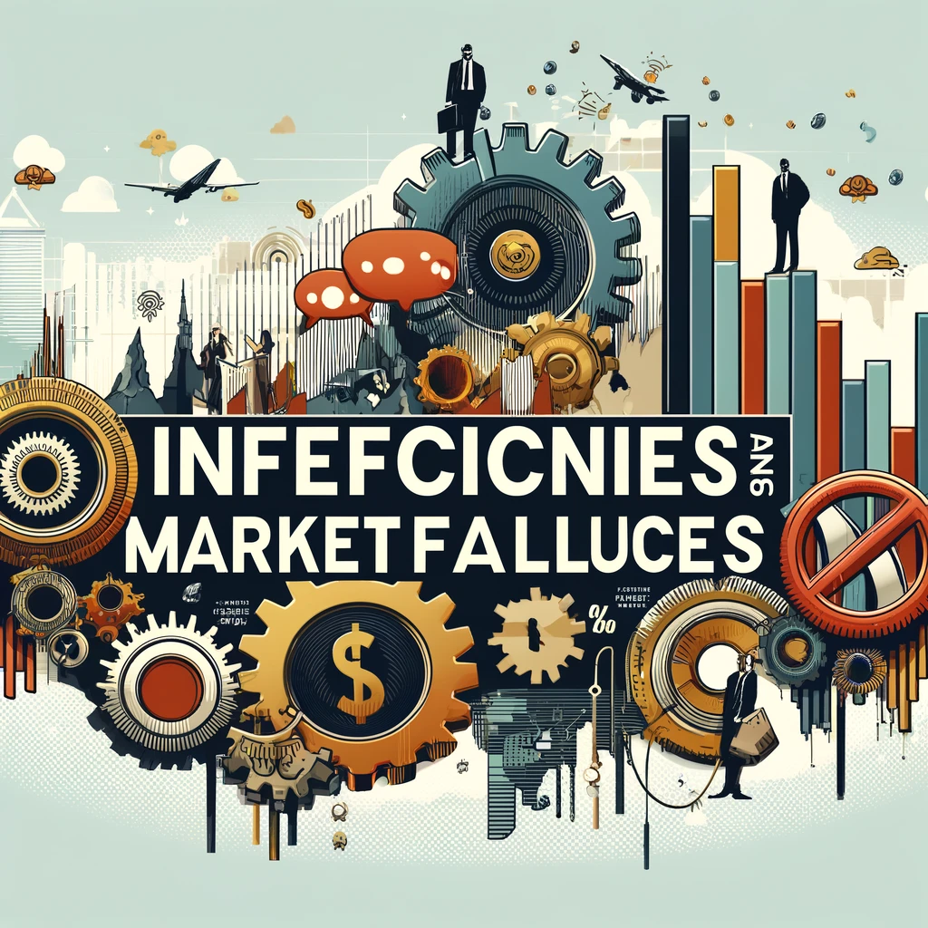 Header image for a section titled ‘Inefficiencies and Market Failures.’ The image features broken gears, declining graphs, dollar signs, and distressed business people. The title is displayed in clear, bold typography against a modern and visually engaging design, reflecting the comprehensive and critical nature of the content.