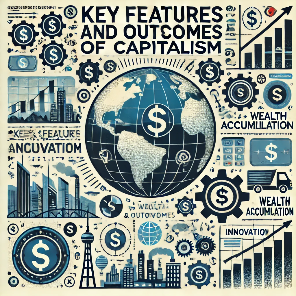 “Header image for a section titled ‘Key Features and Outcomes of Capitalism.’ The image features a globe, dollar signs, gears representing industry, a city skyline, and icons illustrating various outcomes like wealth accumulation and innovation. The title is displayed in clear, bold typography against a modern and visually engaging design, reflecting the comprehensive and educational nature of the content.”