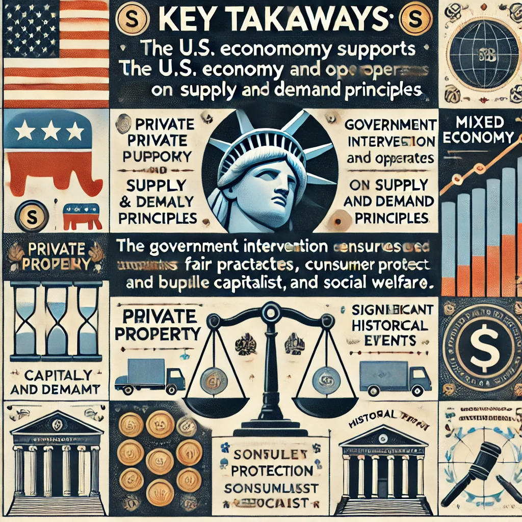 Header image for a blog article titled ‘Key Takeaways: The U.S. economy supports private property and operates on supply and demand principles. Government intervention ensures fair practices, consumer protection, and social welfare. The mixed economy approach has evolved through significant historical events to balance capitalist and socialist elements.’ The image features the US flag, scales of justice, icons representing private property, supply and demand graphs, and historical timelines. The title is displayed in clear, professional typography against a modern and informative design, reflecting the comprehensive and educational nature of the content.