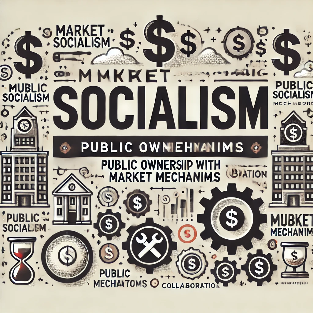 “Header image for a section titled ‘Market Socialism: Public Ownership with Market Mechanisms.’ The image features dollar signs, public buildings, gears representing market mechanisms, and icons of collaboration. The title is displayed in clear, bold typography against a modern and visually engaging design, reflecting the integration of public ownership with market mechanisms