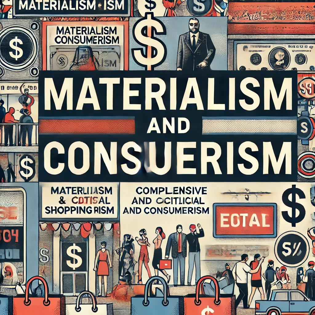 Header image for a section titled ‘Materialism and Consumerism.’ The image features shopping bags, dollar signs, advertisements, and a crowded shopping mall. The title is displayed in clear, bold typography against a modern and visually engaging design, reflecting the comprehensive and critical nature of the content.