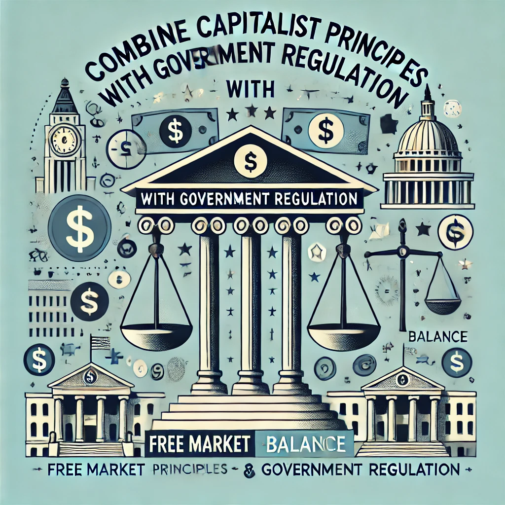 Header image for a section titled ‘Combine Capitalist Principles with Government Regulation.’ The image features dollar signs, government buildings, scales representing balance, and icons symbolizing both free market and regulatory principles. The title is displayed in clear, bold typography against a modern and visually engaging design, reflecting the integration of capitalist principles with government regulation.