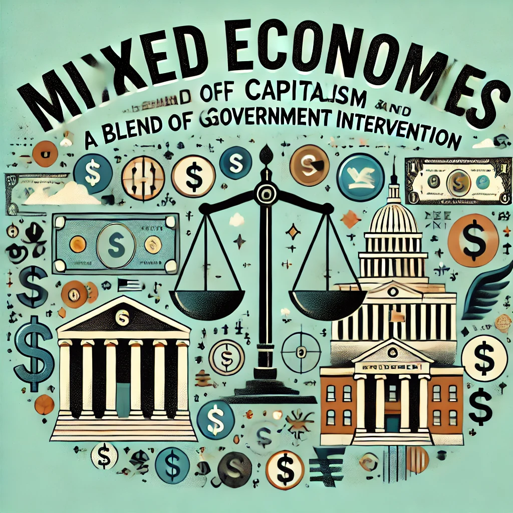 Header image for a section titled ‘Mixed Economies: A Blend of Capitalism and Government Intervention.’ The image features dollar signs, government buildings, scales representing balance, and icons symbolizing both free market and regulatory principles. The title is displayed in clear, bold typography against a modern and visually engaging design, reflecting the integration of capitalist principles with government intervention.