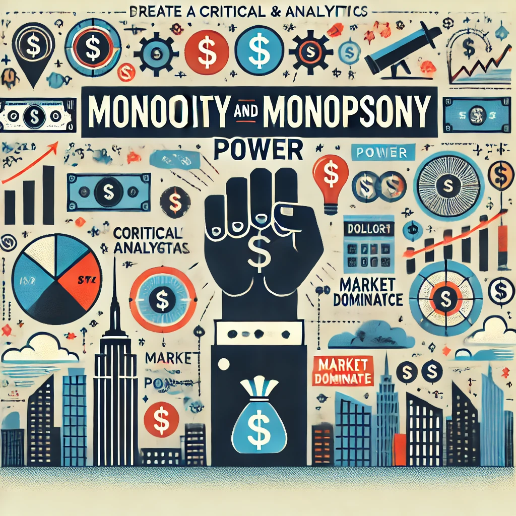 Header image for a section titled ‘Monopoly and Monopsony Power.’ The image features a large hand controlling smaller entities, dollar signs, a city skyline, and icons representing market dominance. The title is displayed in clear, bold typography against a modern and visually engaging design, reflecting the comprehensive and critical nature of the content.