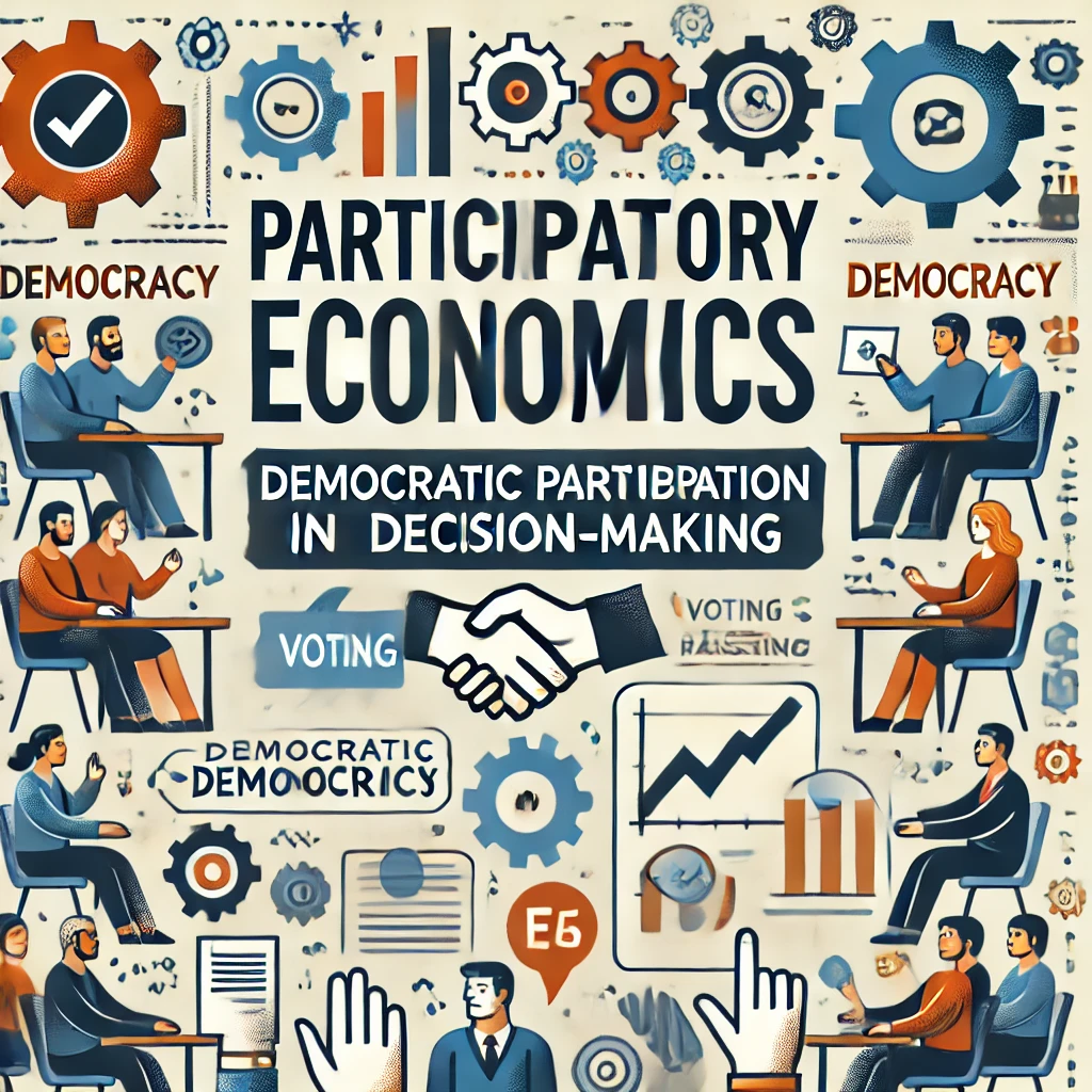 Header image for a section titled ‘Participatory Economics: Democratic Participation in Decision-Making.’ The image features people in a meeting, icons representing democracy like voting or hand-raising, gears representing economic activity, and a community setting. The title is displayed in clear, bold typography against a modern and visually appealing design, reflecting the principles of democratic participation and decision-making in economics.