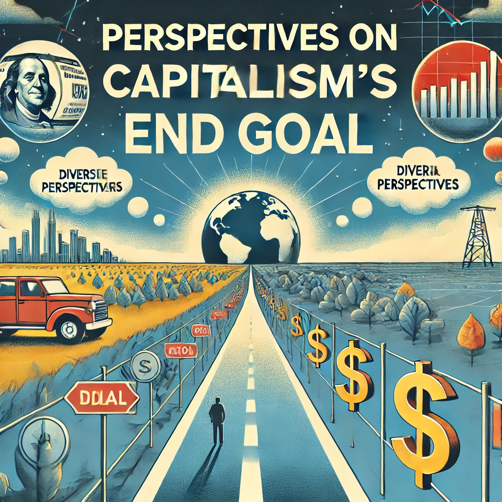 Header image for a section titled ‘Perspectives on Capitalism’s End Goal.’ The image features a pathway leading to a distant horizon, a globe, dollar signs, and thought bubbles with different ideas. The title is displayed in clear, bold typography against a modern and engaging design, reflecting the diverse perspectives and analytical nature of the content