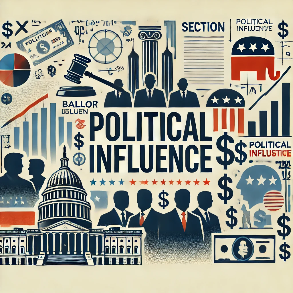 Header image for a section titled ‘Political Influence.’ The image features political symbols such as a gavel and ballot box, a city skyline, dollar signs, and silhouettes of politicians. The title is displayed in clear, bold typography against a modern and visually engaging design, reflecting the comprehensive and critical nature of the content.