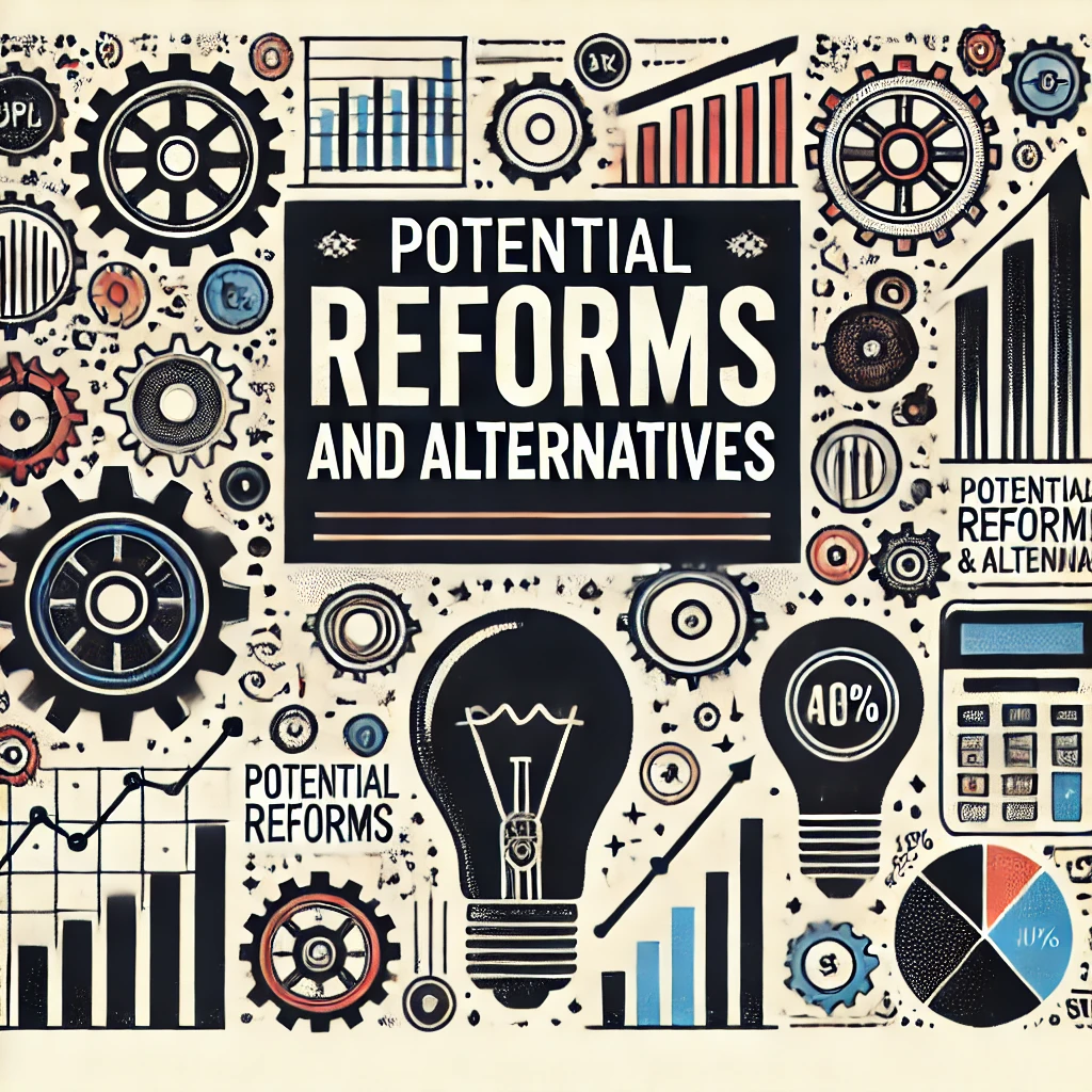 Header image for a section titled ‘Potential Reforms and Alternatives.’ The image features gears symbolizing change, light bulbs representing new ideas, graphs showing upward trends, and icons for different economic systems. The title is displayed in clear, bold typography against a modern and visually engaging design, reflecting the progressive and analytical nature of the content.