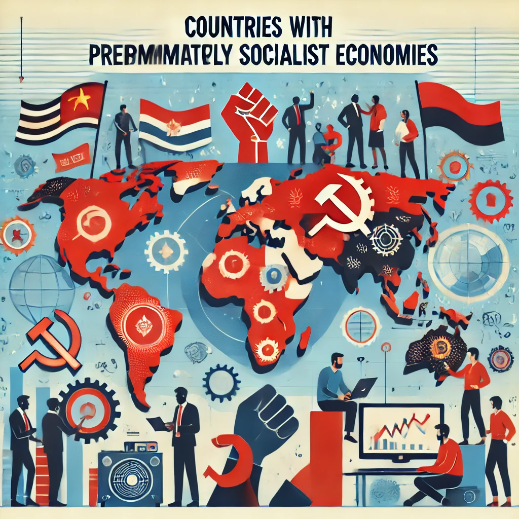 Header image for a section titled ‘Countries with Predominantly Socialist Economies.’ The image features a world map, country flags of predominantly socialist nations, symbols representing socialism like a raised fist or hammer and sickle, and people collaborating. The title is displayed in clear, bold typography against a modern and visually engaging design, reflecting the comprehensive and educational nature of the content.